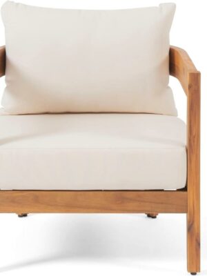 Curved frame teak and linen chairs