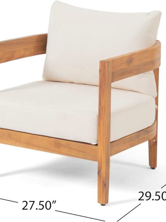 Curved frame teak and linen chairs